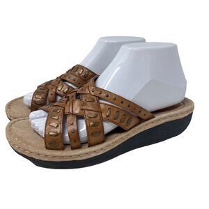 Clarks Artisan Latin Ivy Tan Brown Womens Leather Sandals Gold Accent 8.5 READ